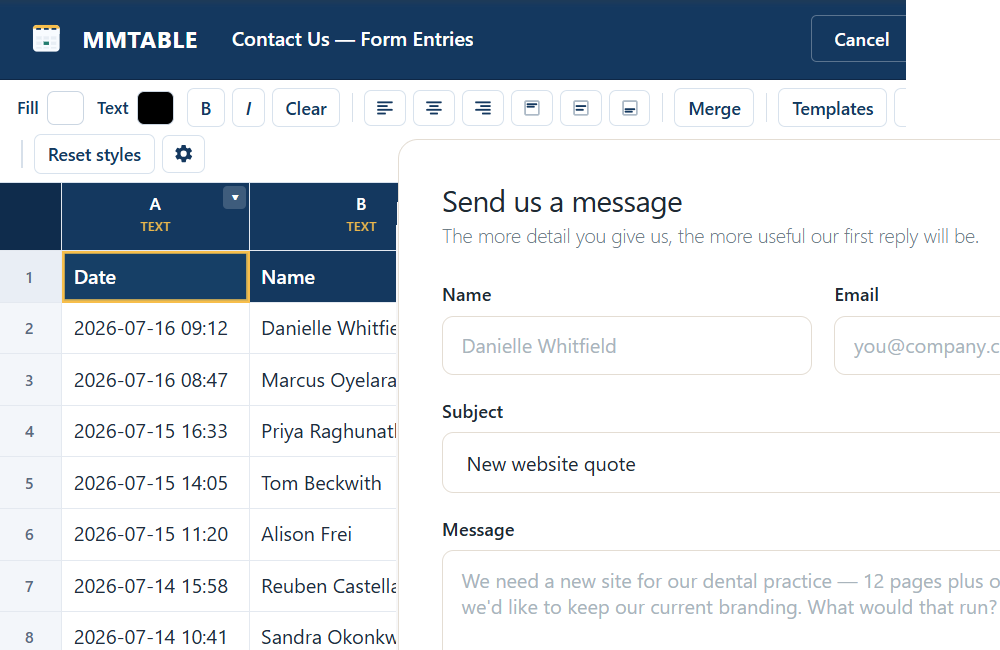 A WordPress contact form beside the MMTable editor, showing each submission saved automatically as a new row with date, name, email and subject.