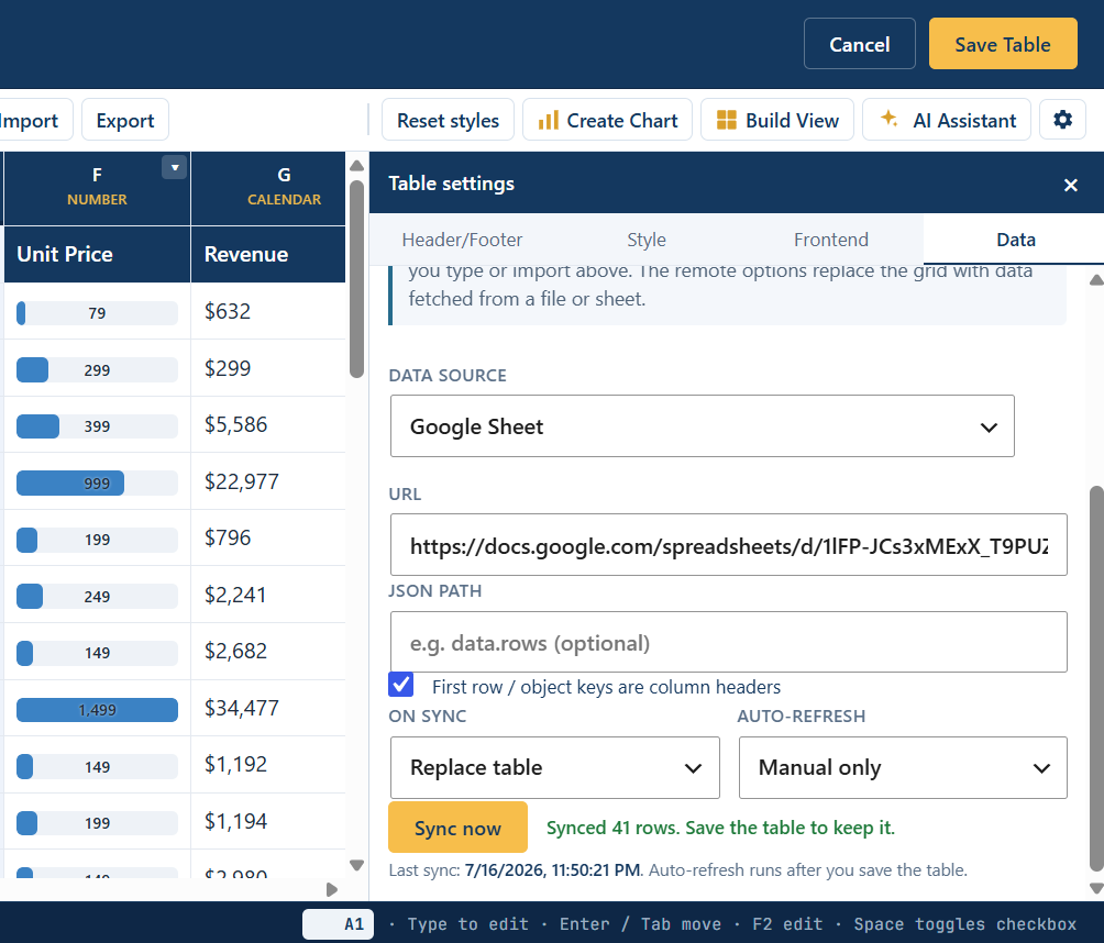 MMTable Pro WordPress table plugin syncing live Google Sheets data — Data tab with a Google Sheet URL connected and 41 rows synced into a sortable WordPress data table.